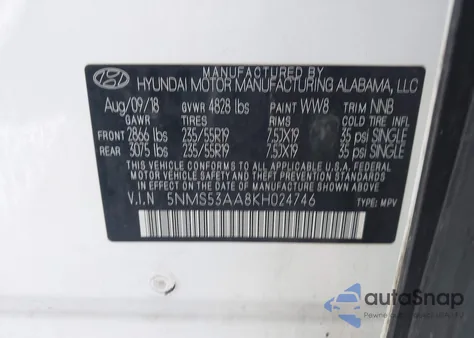 2019 Hyundai Santa Fe Ultimate 2.0T из США, поврежденный, VIN 5NMS53AA8KH024746